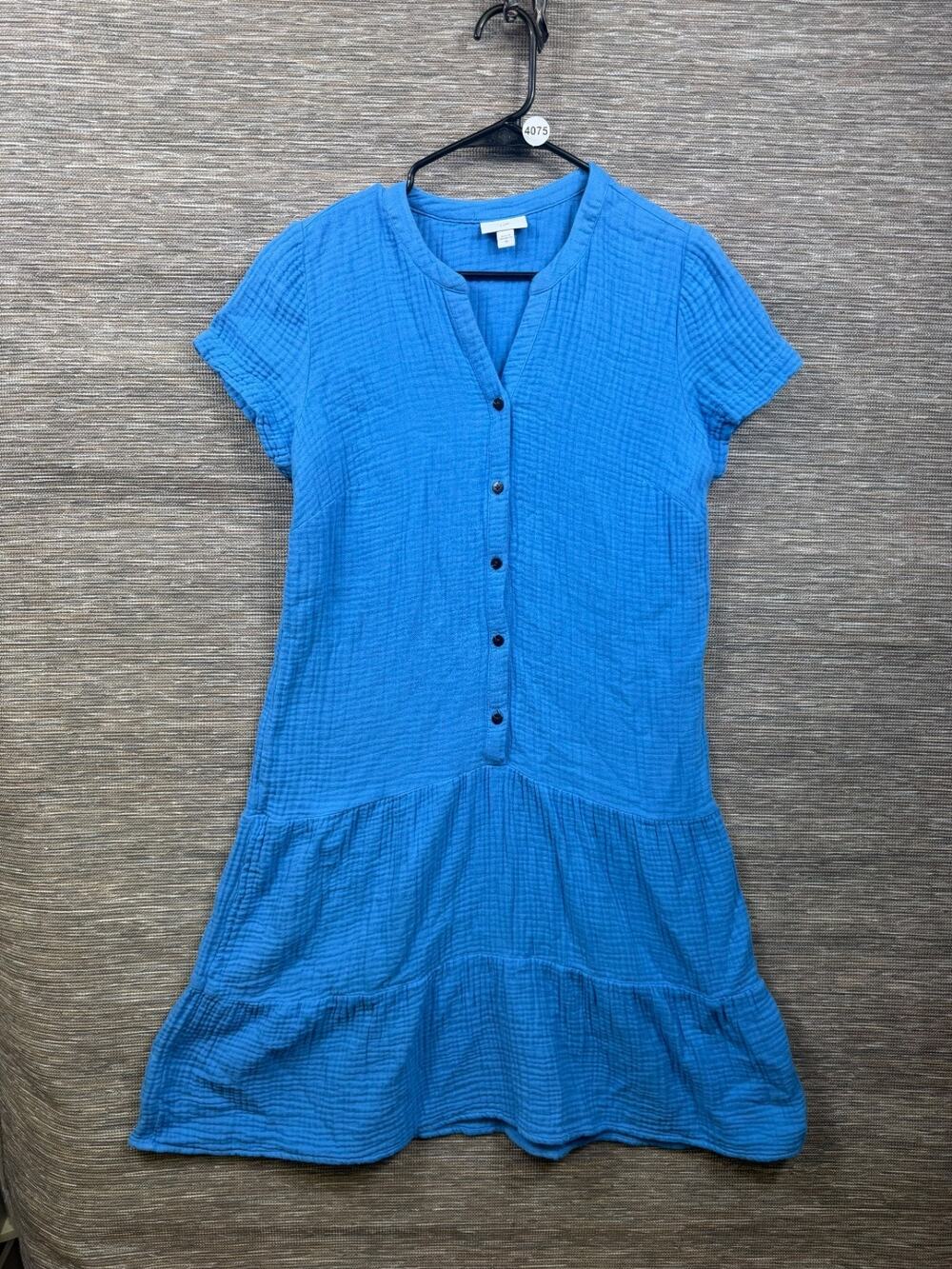 J Jill Button Front Tiered Cotton Gauze Dress Womens Size XS Blue Short Sleeve